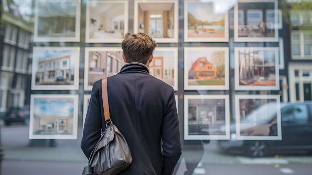 Junger Mann steht vor einem Immobilien-Schaufenster